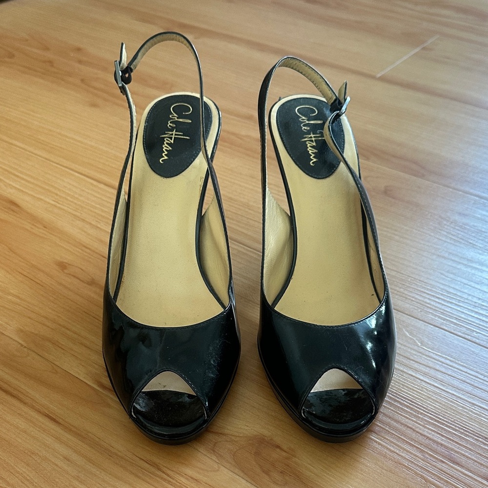 Cole Haan Patent Leather Black Peep Toe Slingback Heels